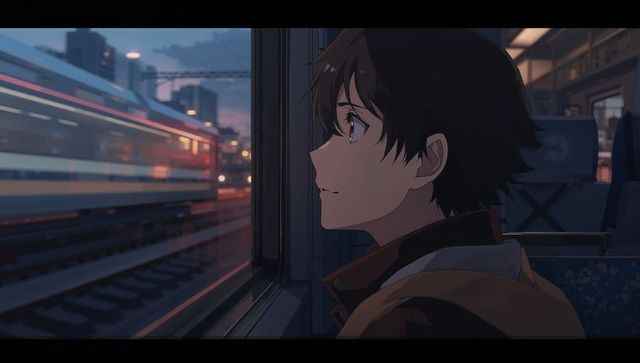 Asian Teen Gazing Out Window as Train Passes by in Urban Setting