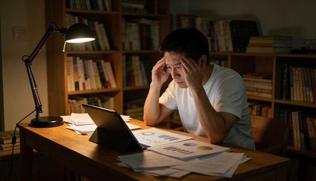 Middle-aged asian man holding head working late with tablet and financial charts on desk