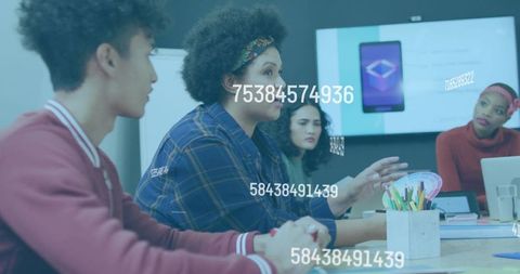 Woman leading team brainstorming with digital data overlay during collaborative meeting