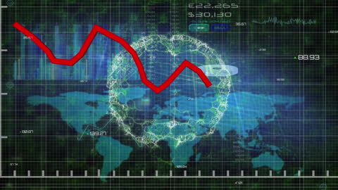 Red Graph over Spinning Brain and World Map
