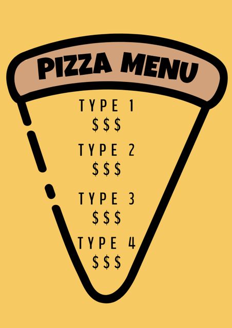 Illustrated pizza menu template shaped like a pizza slice. Suitable for various food establishments, especially pizzerias. Can effectively display different pizza types and pricing in an attractive design. Excellent for dine-in restaurants, cafes, and take-out menus. Editable format allows businesses to customize to fit their specific offerings and style.