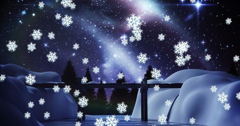 Falling Snowflakes in Serene Night Winter Landscape