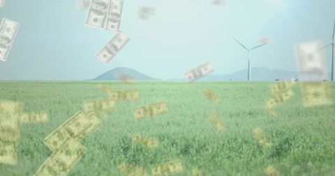 Wind energy boosting farm income with floating dollar bills over green crop field
