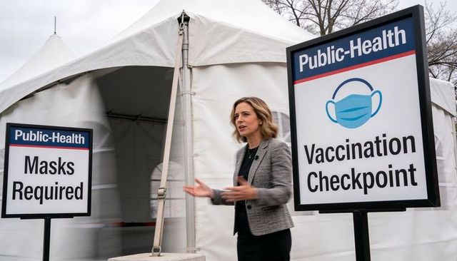 Woman speaking at outdoor vaccination checkpoint with public-health signs and tent