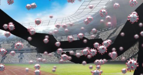 Silhouetted Handshake with COVID-19 Cells in a Stadium Concept