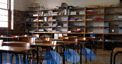 Overlay of Financial Data on Empty Classroom Environment - Download Free Stock Images Pikwizard.com