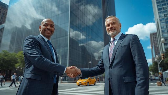 Businessmen Shaking Hands by Modern Skyscraper