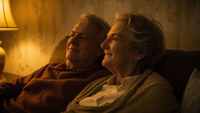 Reclining senior couple sharing cozy evening on sofa with warm lamp glow