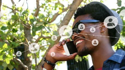 Man Talking on Phone with Digital Network Connections Overlay