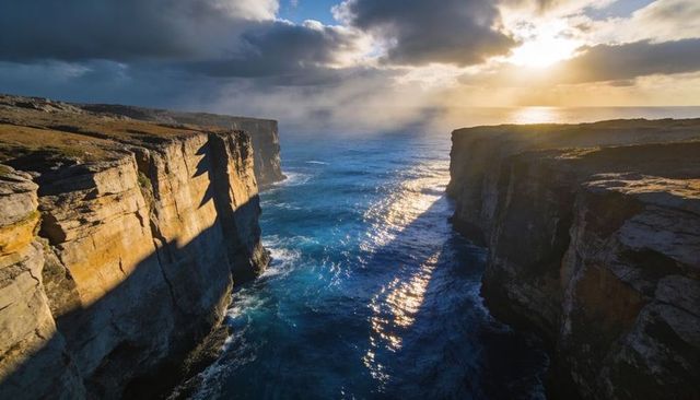 Golden Sunset Casting Light Across Narrow Ocean Channel Between Rugged Limestone Cliffs