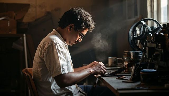 Film restorer inspecting vintage 35mm filmstrip in dim workshop with projector reel