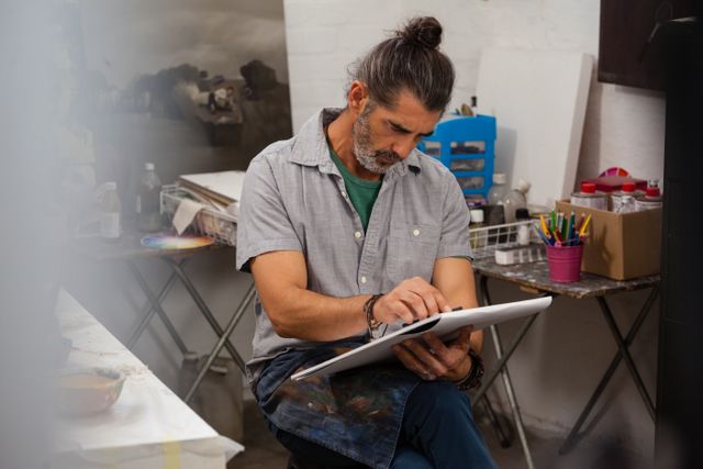 A man with a ponytail is attentively sketching in a drawing book while seated in an art studio. Various art supplies and tools are visible around him. This image can be used for topics related to creativity, artistic processes, studio work, and focus in artistic endeavors.