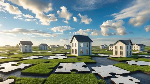 Surreal dreamscape with modern houses and puzzle landscape