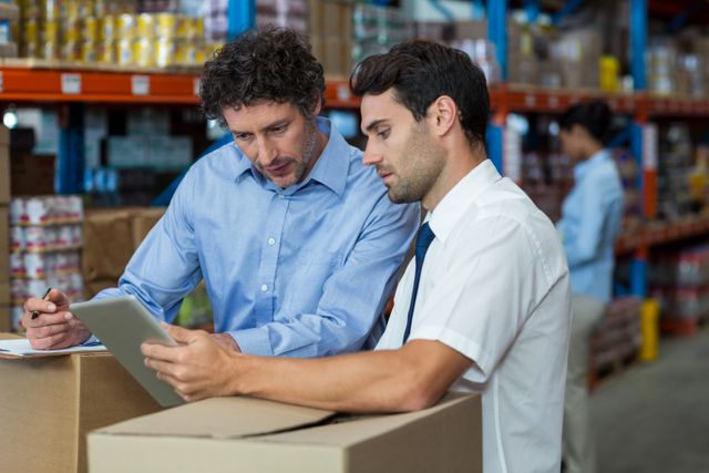 Warehouse workers discussing with digital tablet in warehouse