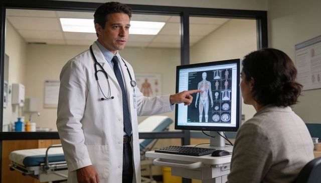 Doctor pointing at digital body scans on monitor while consulting patient in clinic exam room
