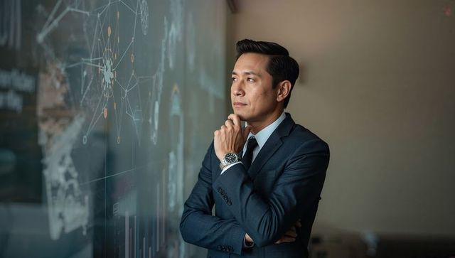 Executive in suit analyzing data on glass display, contemplating business strategy