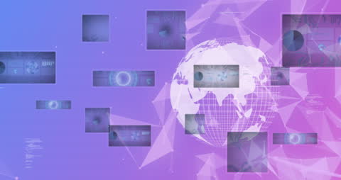Abstract Global Connections and Data Visualization on Purple Background