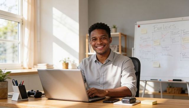 Young professional smiling at laptop in sunlit minimalist home office with whiteboard