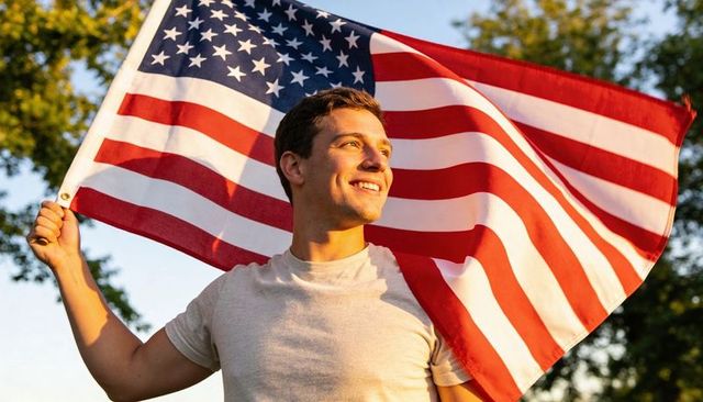 Young man holding american flag, smiling in golden hour park, celebrating patriotism