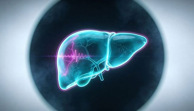 Glowing translucent liver floating with magenta ecg waveform medical visualization
