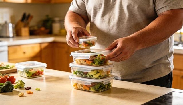 Man packing healthy meal-prep containers, stacking airtight food storage in home kitchen