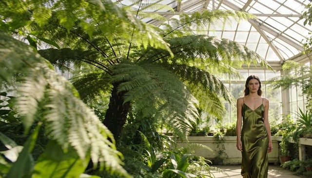 Walking woman wearing olive-green satin slip dress in sunlit glass conservatory
