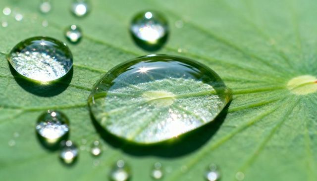 Macro water droplet on green leaf reflecting sunlight, dew beads and vein detail, bokeh