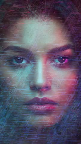 Glitching female face morphing with neon teal and pink noise, cyberpunk vertical video