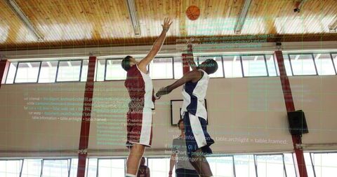 Basketball Players in Action with Digital Code Overlay