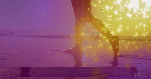 Peaceful Silhouette Walking Barefoot on Sunset Beach with Golden Sparkles