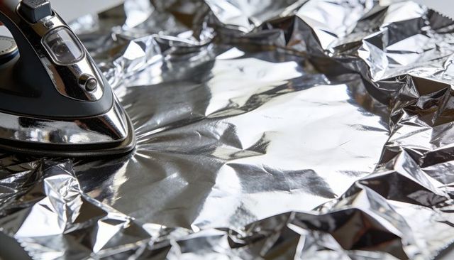 Steam iron pressing crumpled aluminum foil reflective metallic texture closeup
