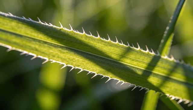 Backlit serrated grass blade with tiny teeth and rimlight bokeh, macro botanical detail