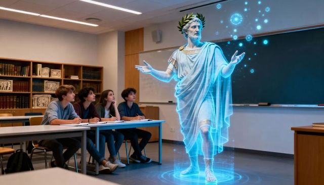 Teen students learning with holographic roman statue projection in contemporary classroom