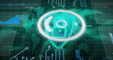 Holographic hud geospatial analytics dashboard with neon teal circuitry and world map