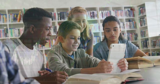 Image of multiracial students studying over digital tablet over trading board and graphs. Digital composite, multiple exposure, education, investment, data, childhood, e-learning, technology.