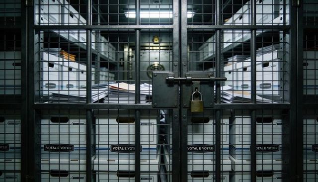 Locking confidential file boxes behind steel security cage in archival vault storage