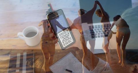 Smartphone with covid passport overlaid on beach scene