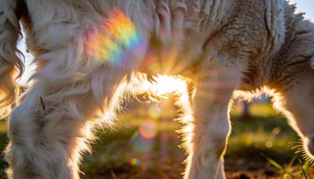 Sunlit lamb legs with backlit wool, rainbow lens flare and warm golden-hour rimlight