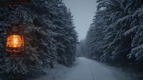 Panning along winding snow-covered forest road with glowing lantern on post