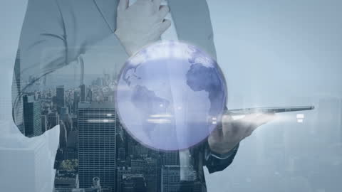 Businessman with Tablet and World Map Overlay Concept