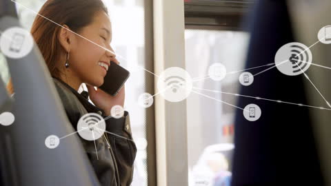 Happy Woman Using Smartphone with Digital Network Overlays