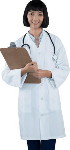 Transparent smiling doctor with stethoscope and clipboard