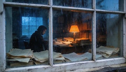 Midnight researcher poring over manuscripts by lamp through rain-streaked window