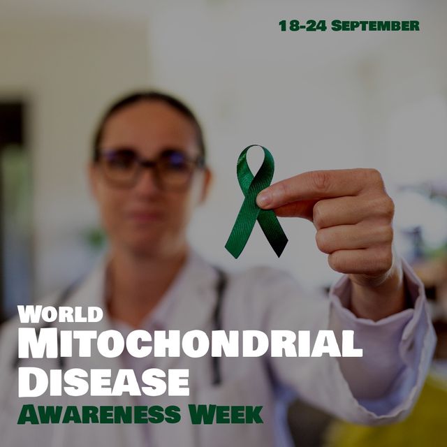 Female caucasian doctor holding green ribbon with world mitochondrial disease awareness week text. Digital composite, copy space, educate, increase awareness of mitochondrial disease, support.