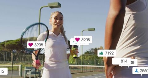 Women Tennis Players Celebrating Rally with Social Media Likes and Engagement Icons