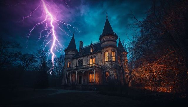 Gothic Mansion under Lightning Storm at Night with Glowing Windows