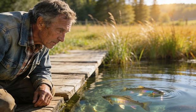 Senior man kneeling on wooden dock watching two colorful fish in golden-hour pond