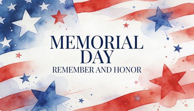 Watercolor american flag memorial day poster with stars and 'remember and honor' message