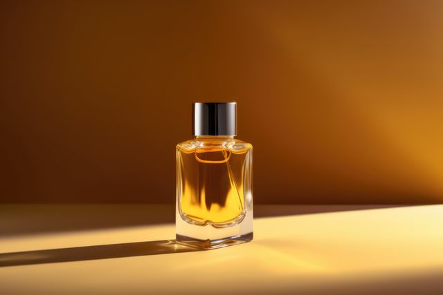 Rectangular glass perfume bottle in sunlight by yellow wall, created using generative ai technology. Scent, fragrances and luxury goods concept digitally generated image.