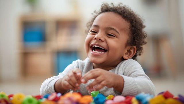 Joyful laughing toddler with colorful building blocks